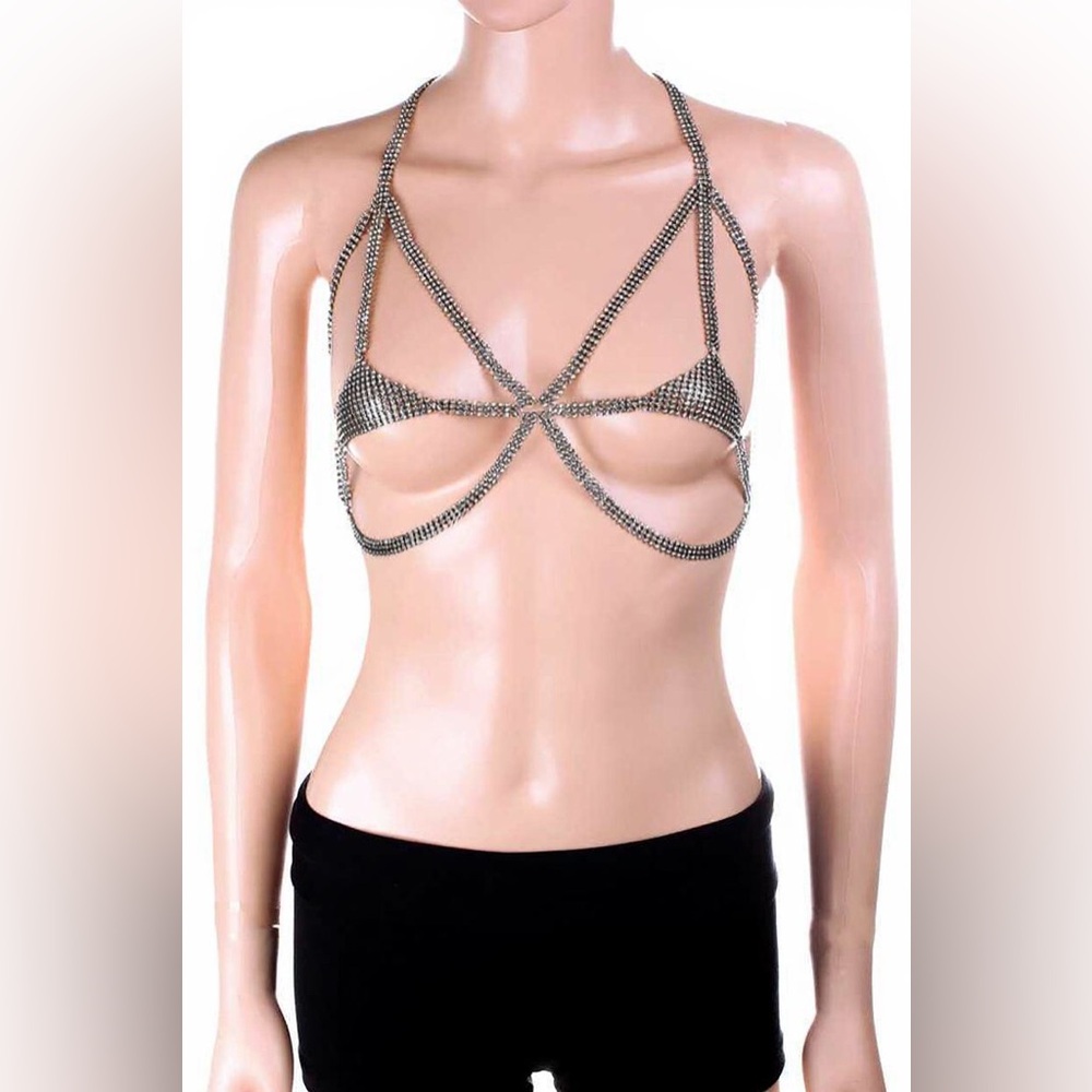 Mesh Rhinestone Strappy Bralette Body Chain - Picture 2 of 3